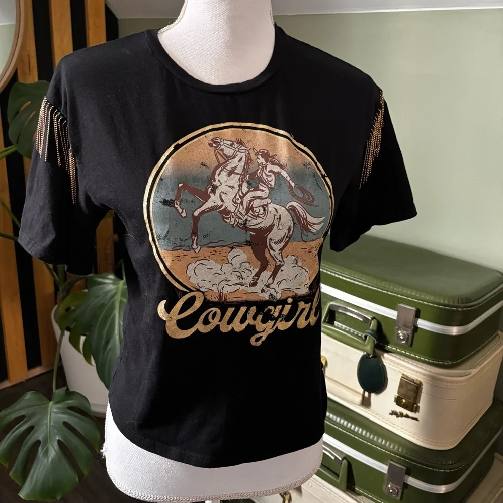 Organic Generation Cowgirl Tassel Sleeve Graphic Black Crop T-Shirt - Picture 2 of 12